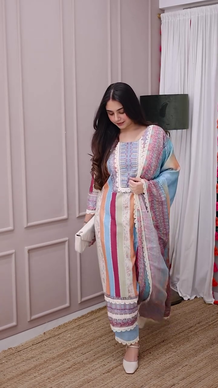 Pastel Striped Salwar Suit Set with Embroidered Lace Detailing – Straight-Cut Kurta, Matching Pants, and Flowy Printed Dupatta