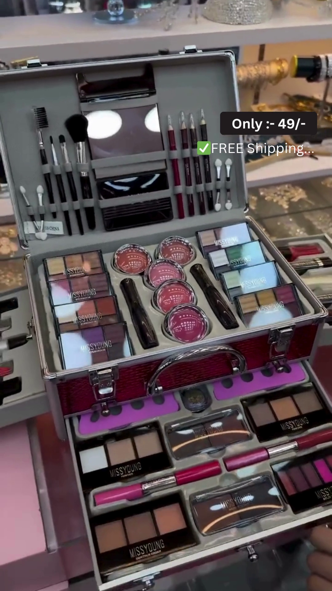 All-in-One Premium Red Aluminum Makeup Vanity Case with Multi-Layer Foldable Design – Includes Full-Size Eyeshadows, Contour Creams, Blushes, Highlighters, Lipsticks, Eye and Lip Pencils, Makeup Brushes, Tools, Mirror and Organizer Tray