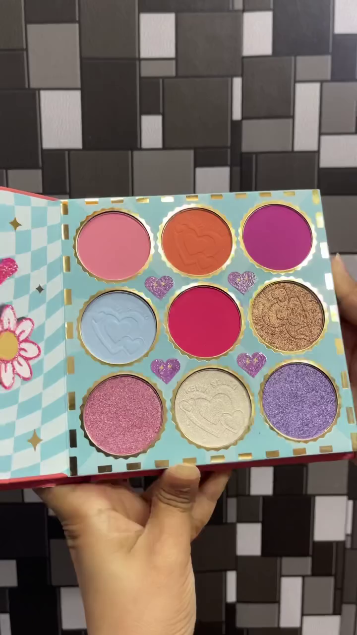 Vibrant Celestial & Heart-Themed Multi-Finish Eyeshadow and Highlighter Palette Duo Featuring Bold Mattes, Shimmers, and Glitters in a Whimsical Colorful Design