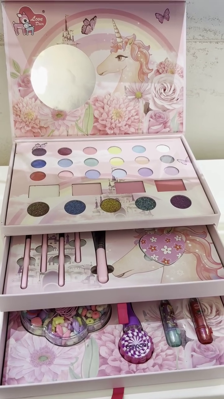 Deluxe All-in-One Unicorn-Themed Children's Makeup Set with Eyeshadows, Blushes, Glitter Palettes, Makeup Brushes, Hair Accessories, Lip Glosses, and Mirror in a Fantasy Princess Castle Design Box