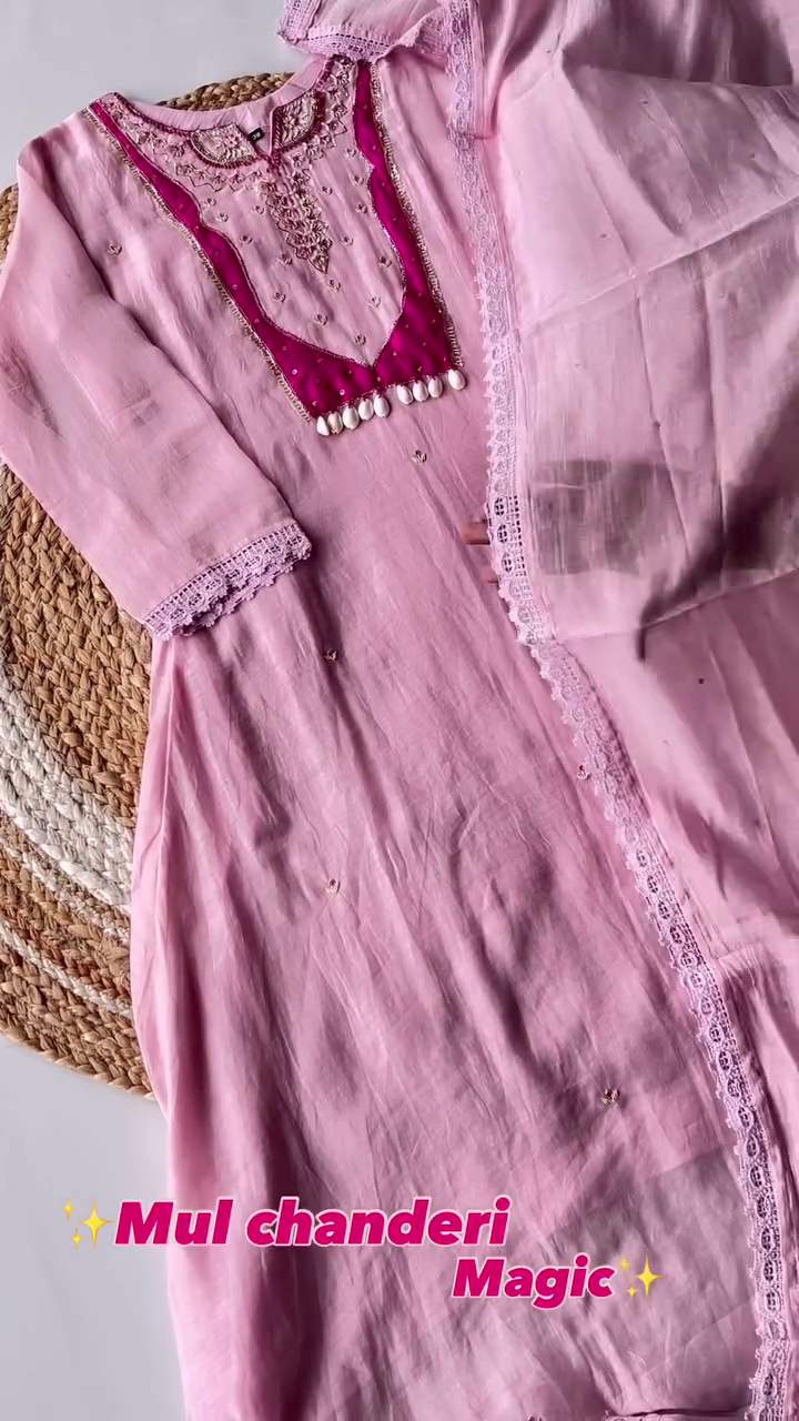 Graceful Pink Chanderi Kurta Set with Delicate Hand Embroidery, Contrasting Magenta Neck Patch Accented with Pearls and Dupatta, and Subtle Thread Work – Lightweight and Elegant Ethnic Wear for Festivals
