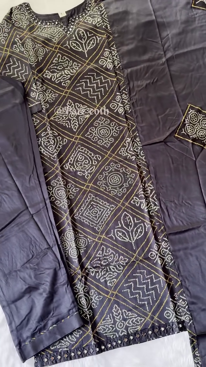 Black Bandhani Printed Straight-Cut Kurta Set with White and Mustard Geometric Motifs, Mirror Work Neckline, and Matching Bottom and Dupatta – Ethnic Ensemble for Festive and Traditional Wear