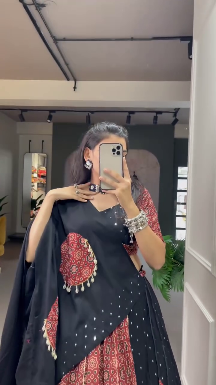 Stunning Black and Maroon Traditional Lehenga Set Printed Flared Skirt, Mirror Work Blouse, and Solid Black Dupatta – A Bold and Elegant Look for Navratri and Ethnic Celebrations