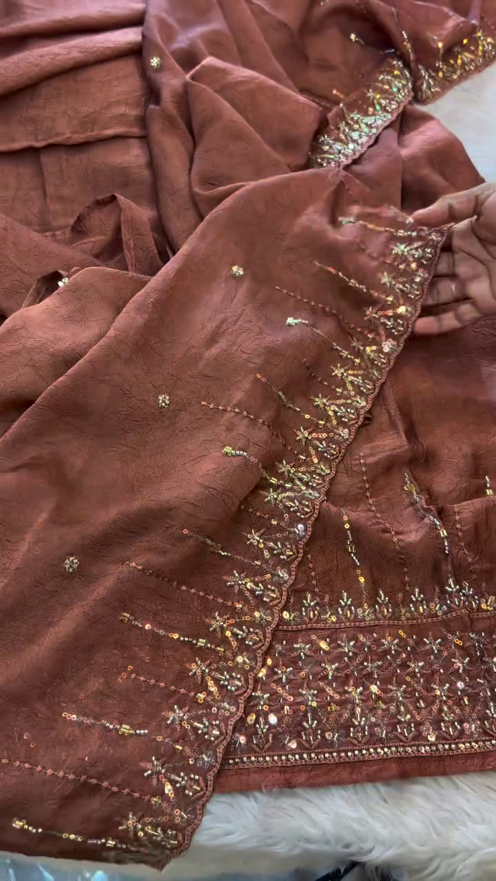 Copper Brown Ethnic Co-ord Set with Intricate Golden Thread and Sequin Embroidery on Neckline, Soft Textured Fabric, and Matching Embellished Dupatta
