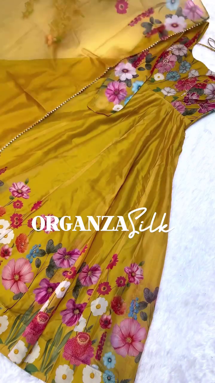 Stunning Multicolor Floral Printed Organza Silk Anarkali Gown with Elegant Embroidered Yoke and Matching Dupatta