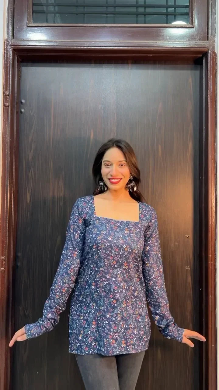 Sky Blue Rayon Kurti Pair with Floral Print and Matching Palazzo for Everyday Festive Look