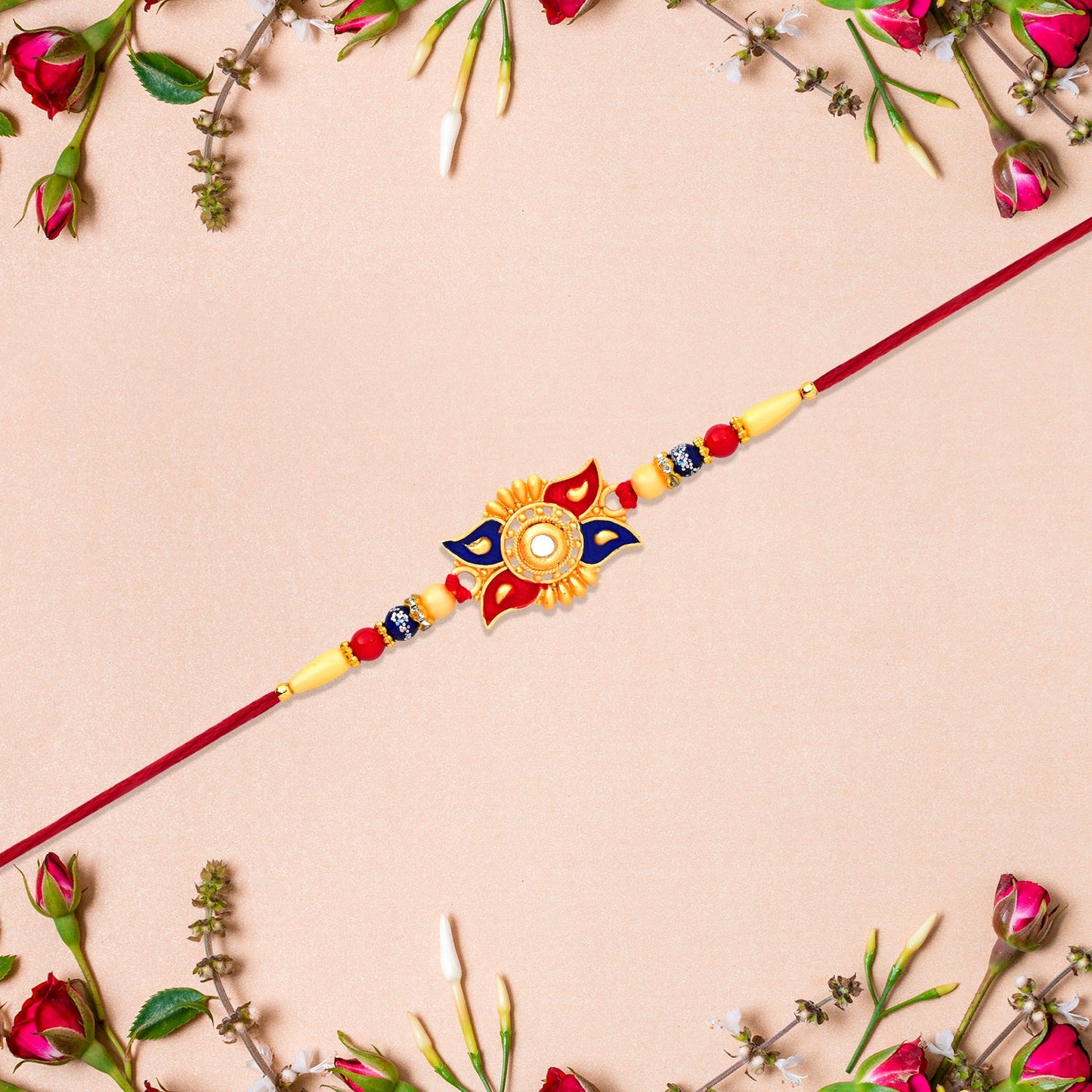 Designer Sun Motif Rakhi with Red and Blue Enamel Work