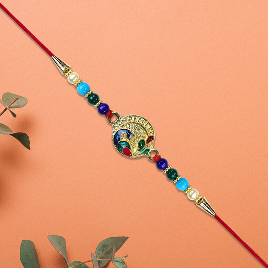 Circular Rakhi with Multicolor Beads and Gold Finish