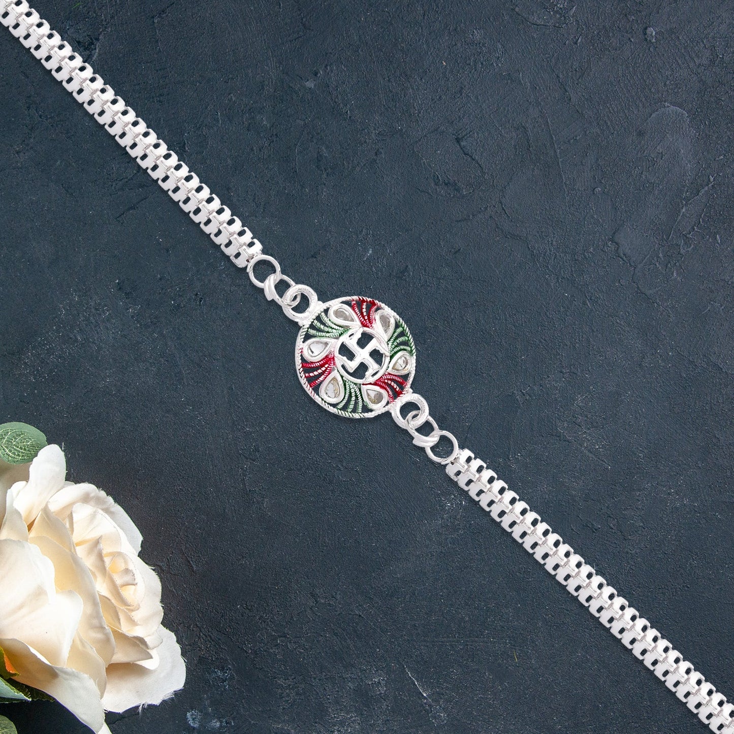 Swastik Design Rakhi with Tricolor Enamel and Silver Metal Chain