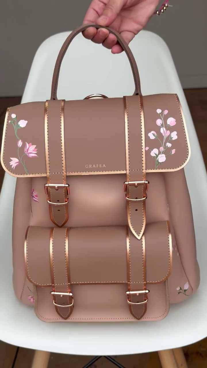 Floral-Printed Leather Handbag and Backpack Set with Rose Gold Hardware – Versatile Double-Handle Design with Adjustable Straps, Stylish Vintage-Inspired Detailing
