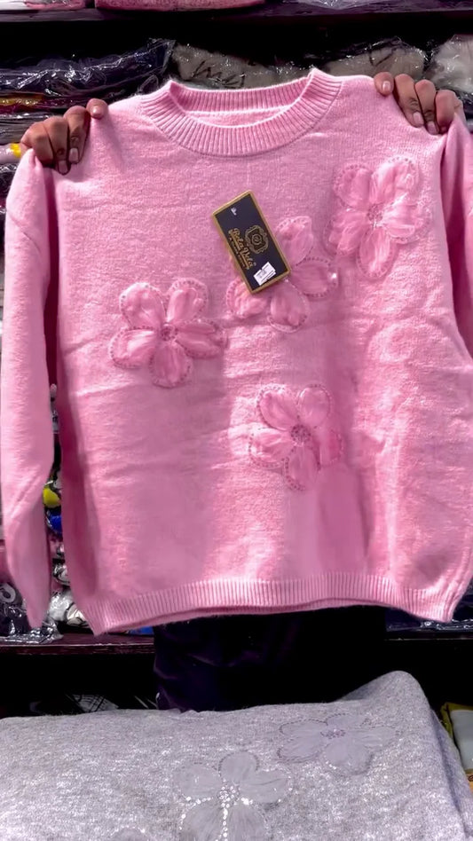Women's Knitted Pullover Sweater with Sheer 3D Flower Appliqués and Sequin Detailing: Luxurious Pink and Cream Warm Winter Tops