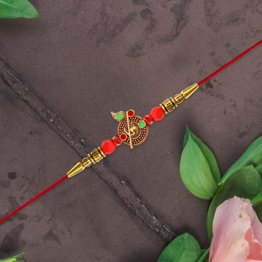 Red Beaded Rakhi with Krishna Symbol