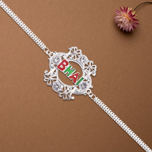 Silver Bhai Rakhi with Floral Frame