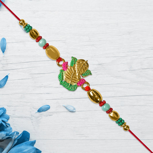 Golden Leaf Design Rakhi with Multicolor Beads