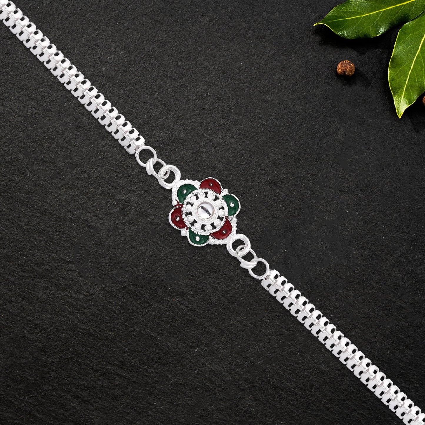 Designer Flower Rakhi with Mirror Stone Center and Dual-Link Metal Chain