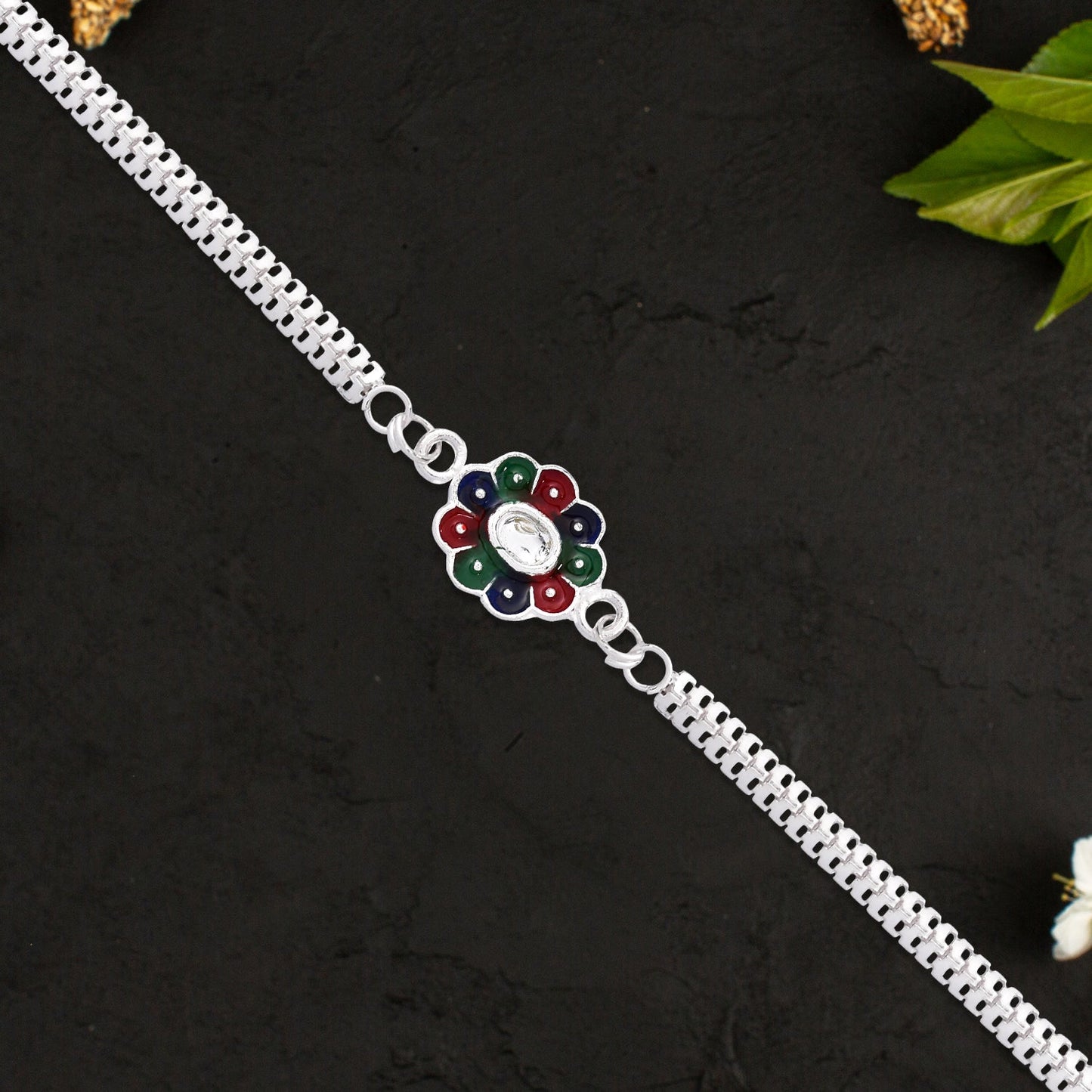 Colorful Petal Design Rakhi on Silver Chain