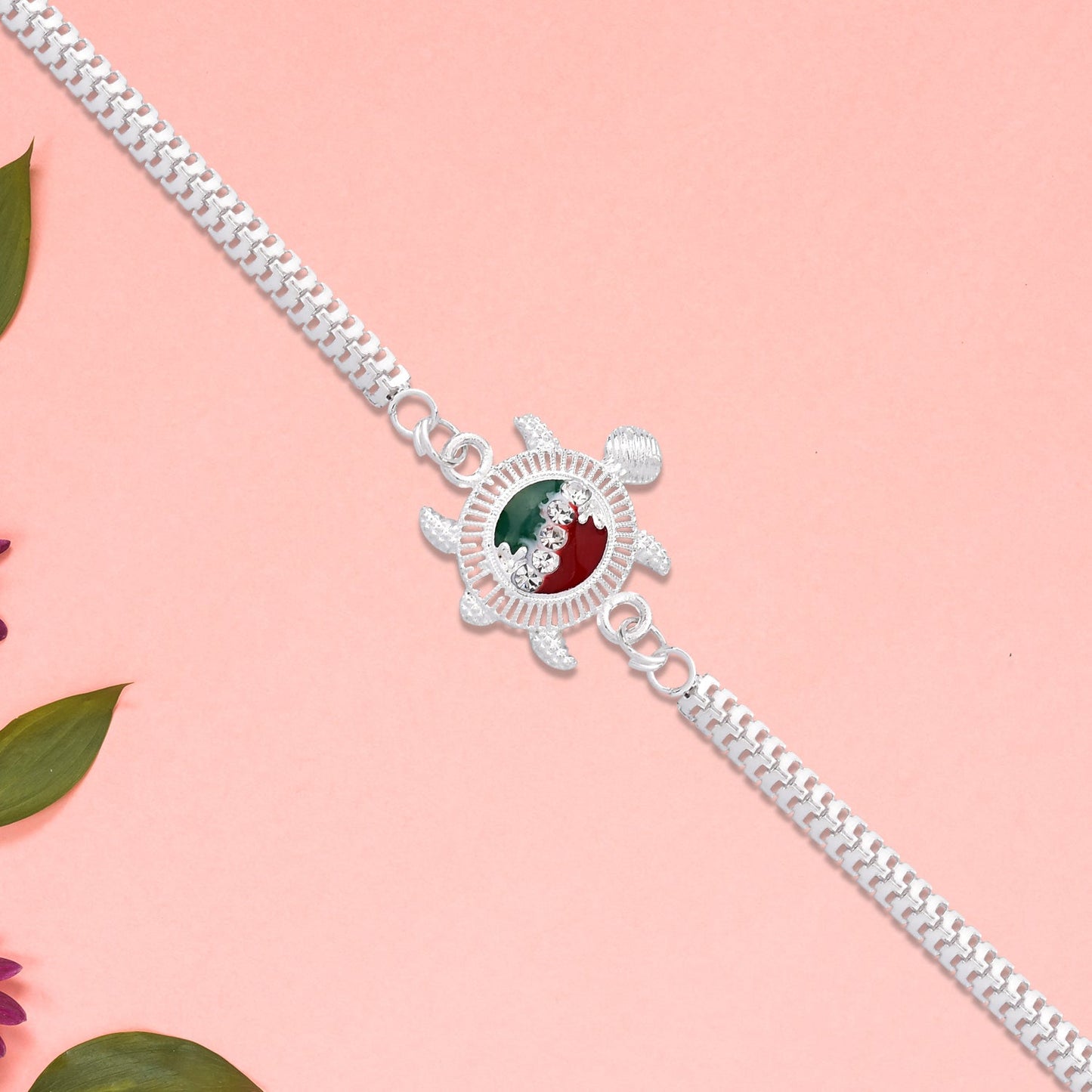 Turtle Motif Rakhi with Red-Green Enamel and Silver Metal Chain