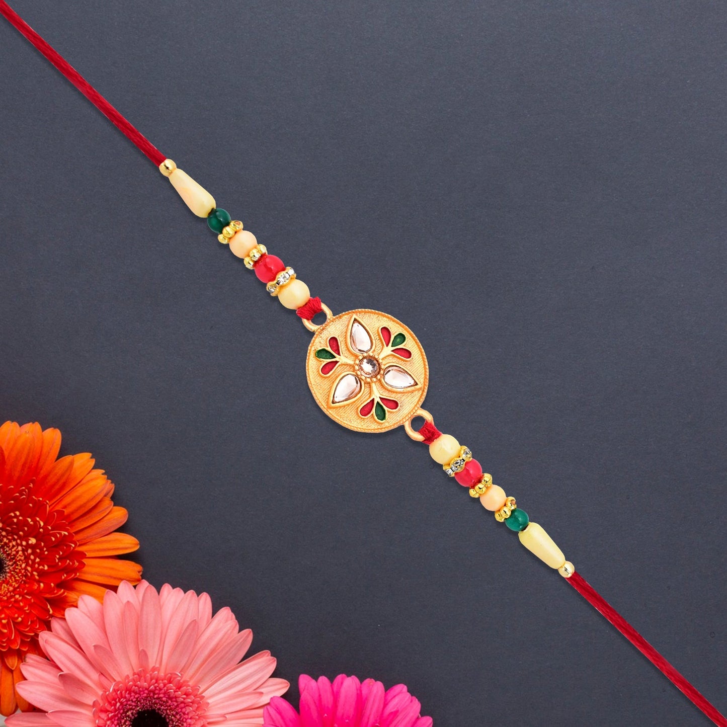 Sacred Kalash Design Rakhi with Embellished Beads and Red Thread