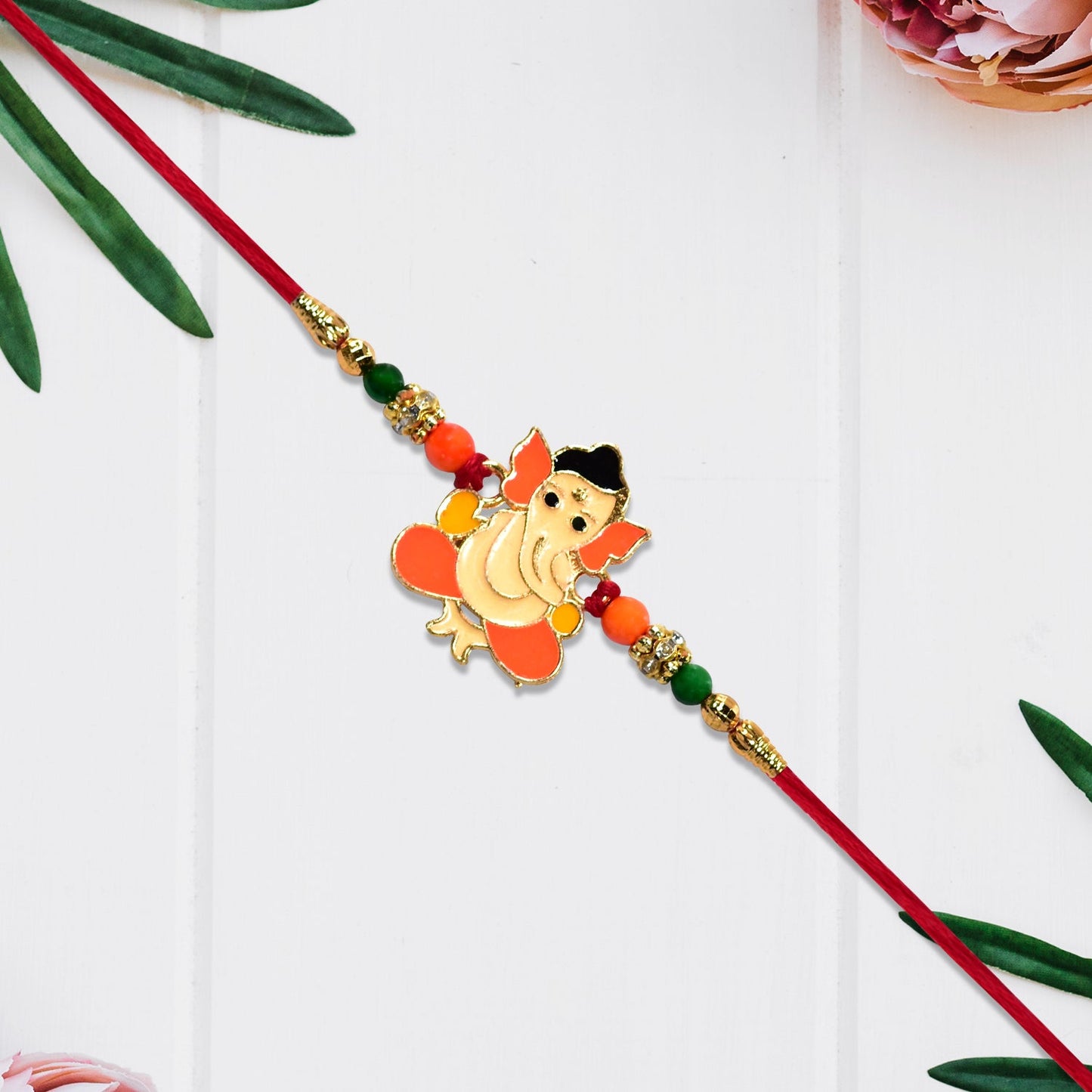 Cute Bal Ganesha Rakhi with Orange-Green Beads and Red Thread