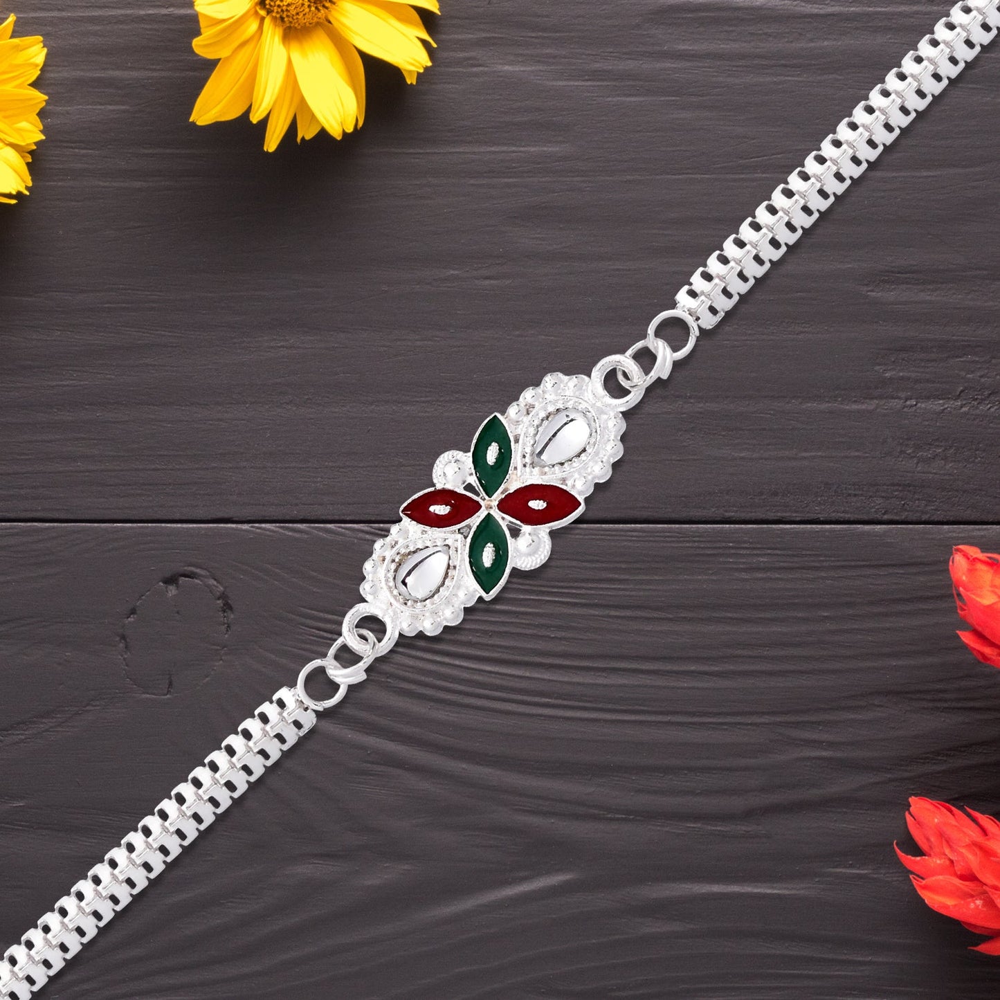 Elegant Floral Rakhi with Red-Green Enamel Work and Metal Chain
