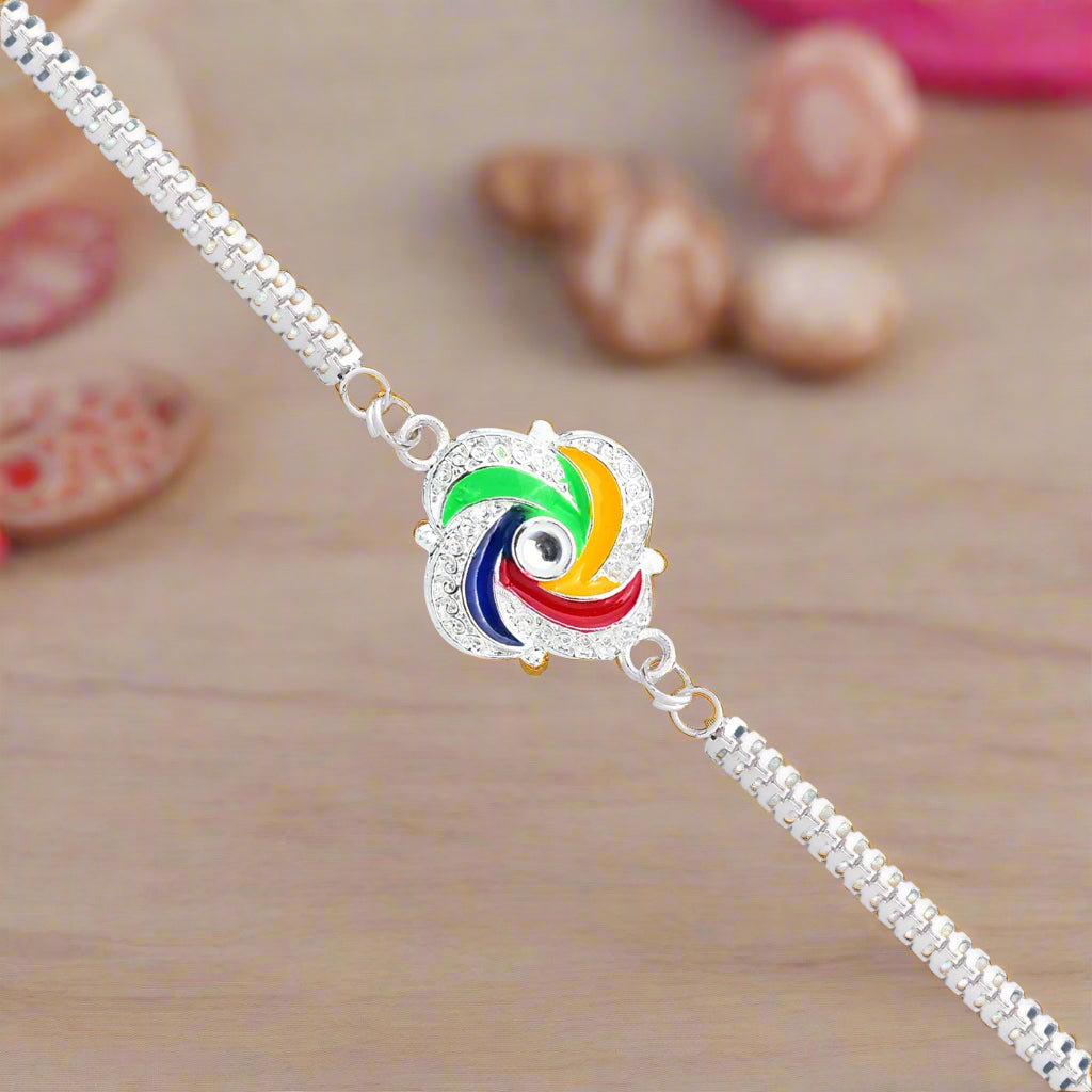 Stylish Silver Rakhi with Colorful Feather Detailing and Metal Chain