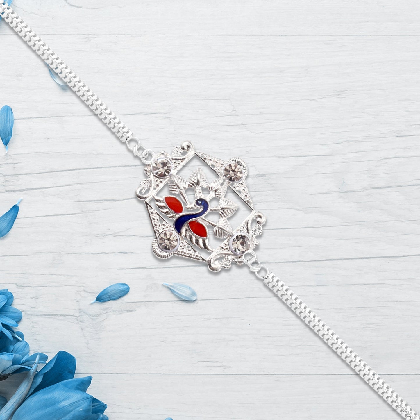 Silver Peacock Rakhi with Diamond Accents