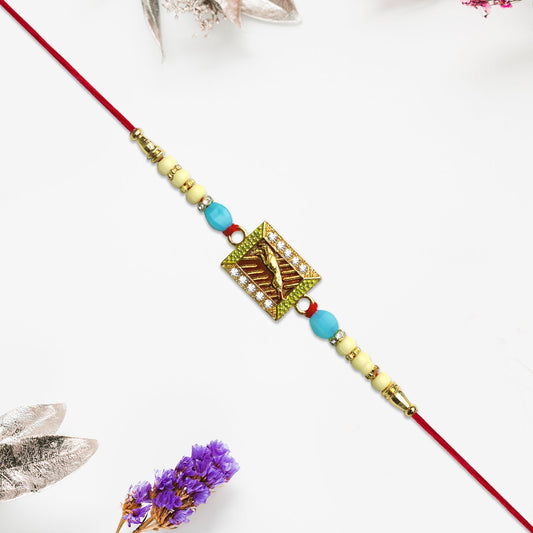 Leaping Deer Rakhi with Stone-Studded Frame and Beads