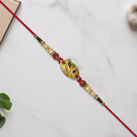 Designer Rakhi with Leaf Motif, Rudraksha & Pearls