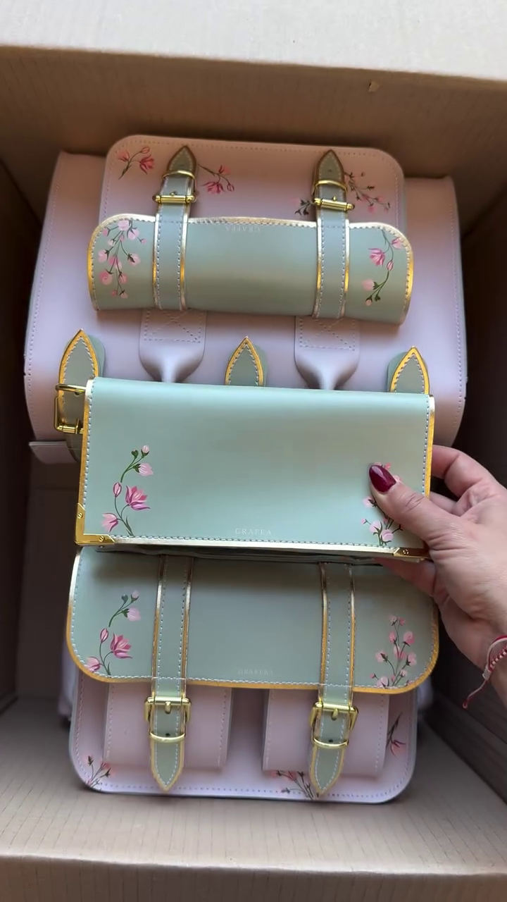 Elegant Floral Embellished Mint Green Backpack with Wallet – Premium Leather Design with Gold Accents and Unique Hand-Paint