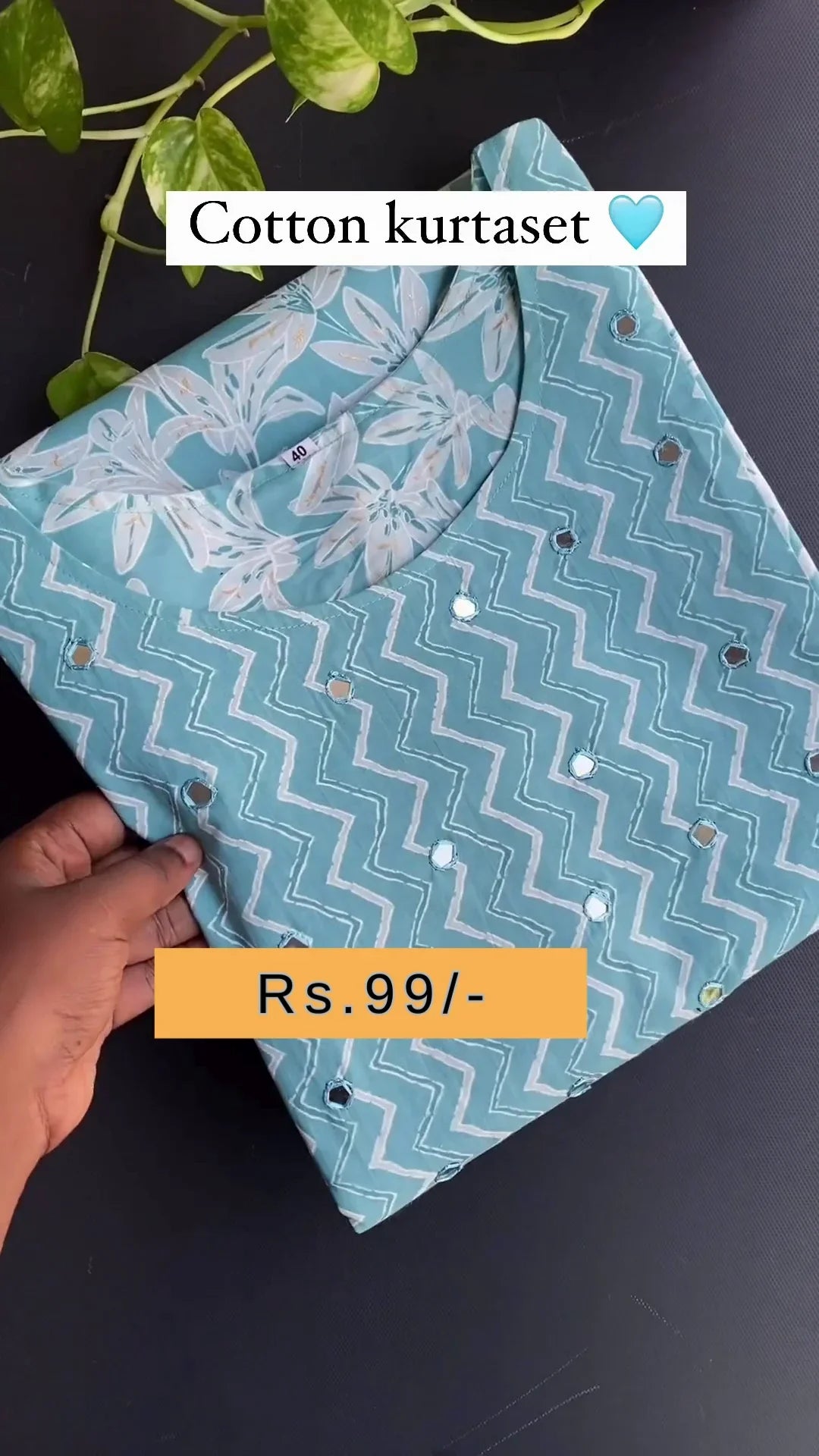 Chic Aqua Cotton Kurta Set featuring White Chevron Print and Subtle Mirror Work Detailing