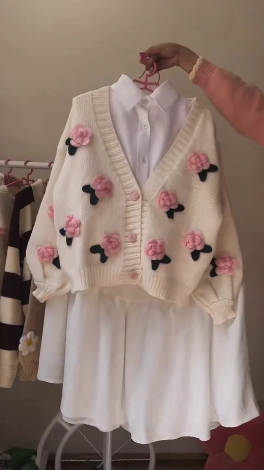 Charming Vintage Style Knitted Cardigan Sweater with 3D Flower Appliqués: Cozy White V-Neck Button-Up Outerwear Featuring Red and Pink Floral Designs