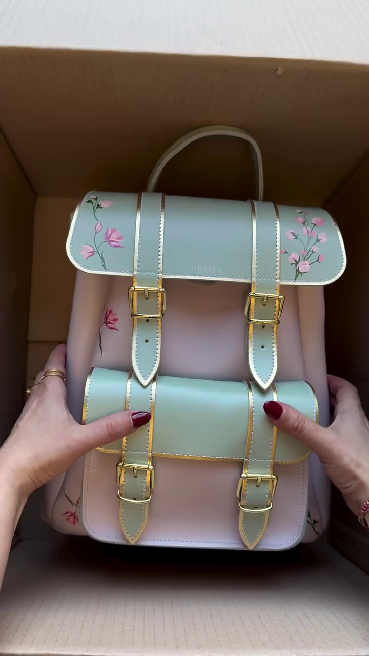 Elegant Floral Embellished Mint Green Backpack with Wallet – Premium Leather Design with Gold Accents and Unique Hand-Paint