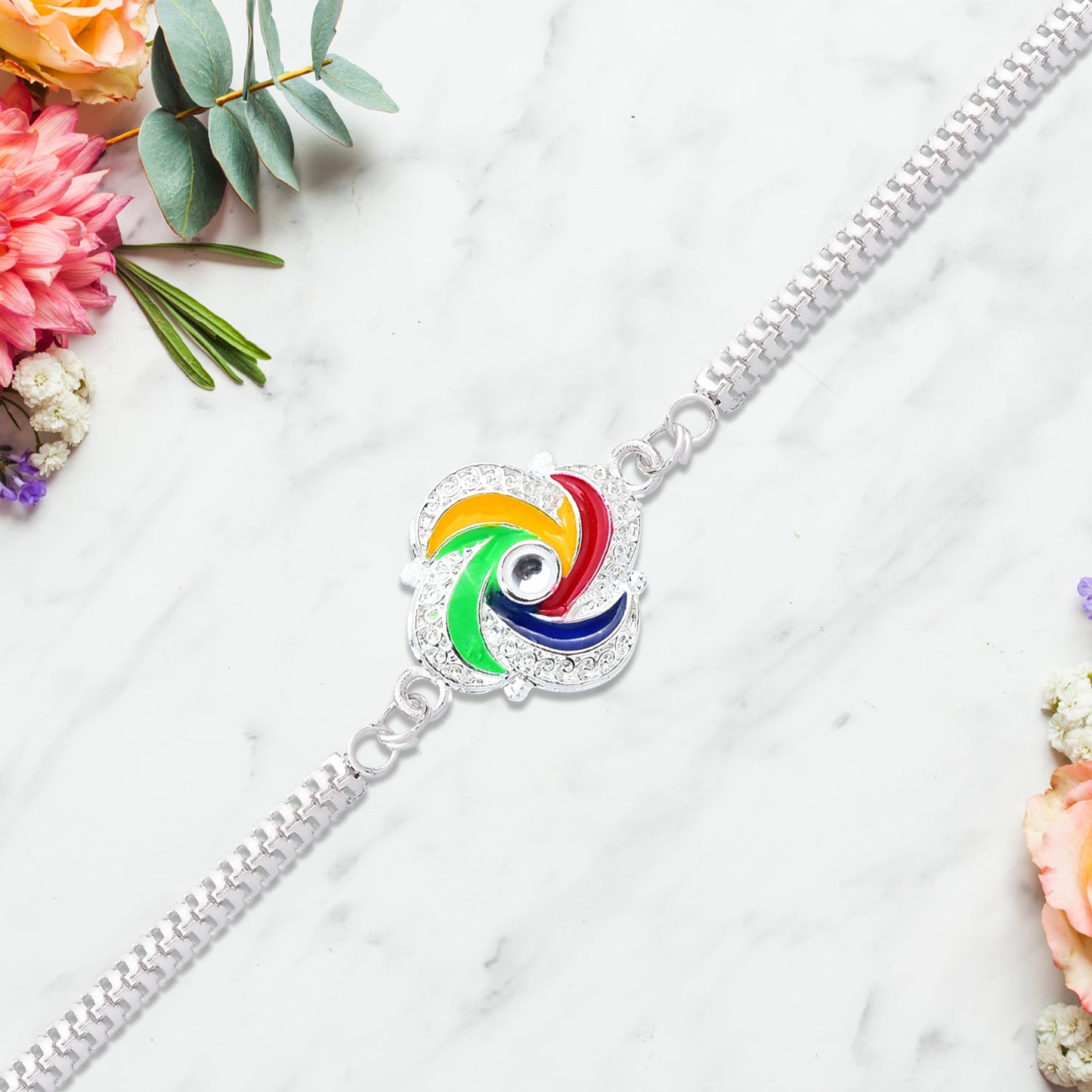 Stylish Silver Rakhi with Colorful Feather Detailing and Metal Chain