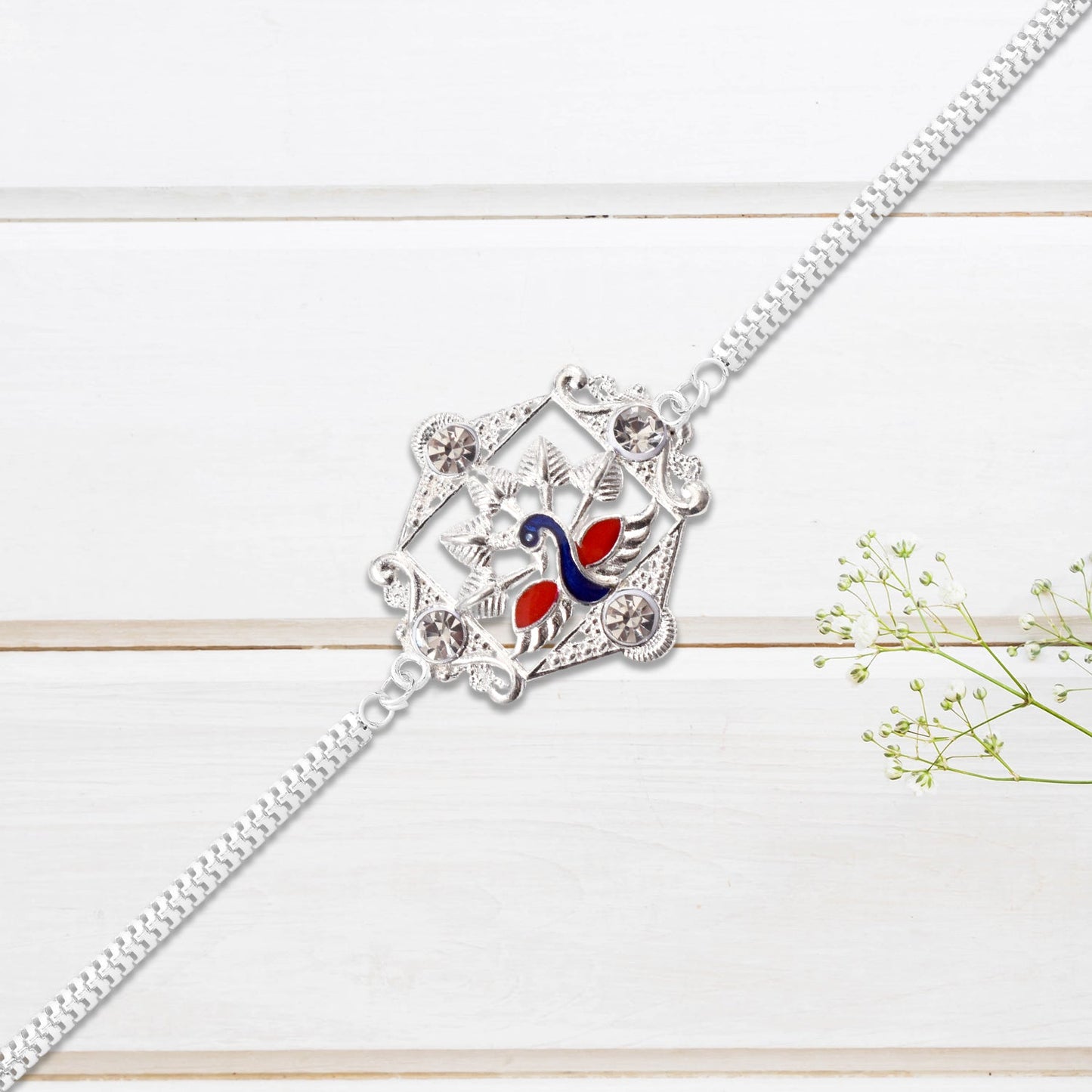 Silver Peacock Rakhi with Diamond Accents