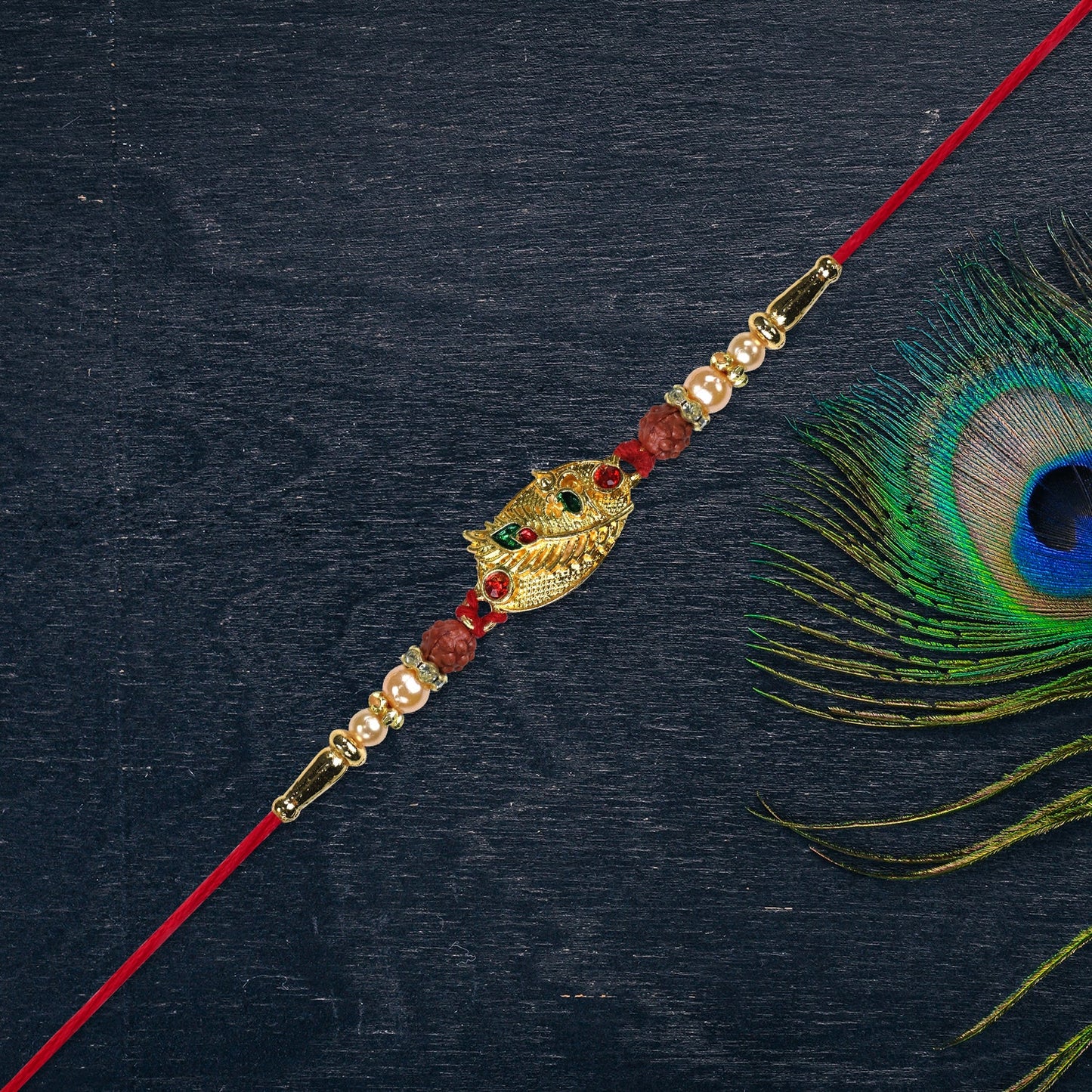 Designer Rakhi with Leaf Motif, Rudraksha & Pearls