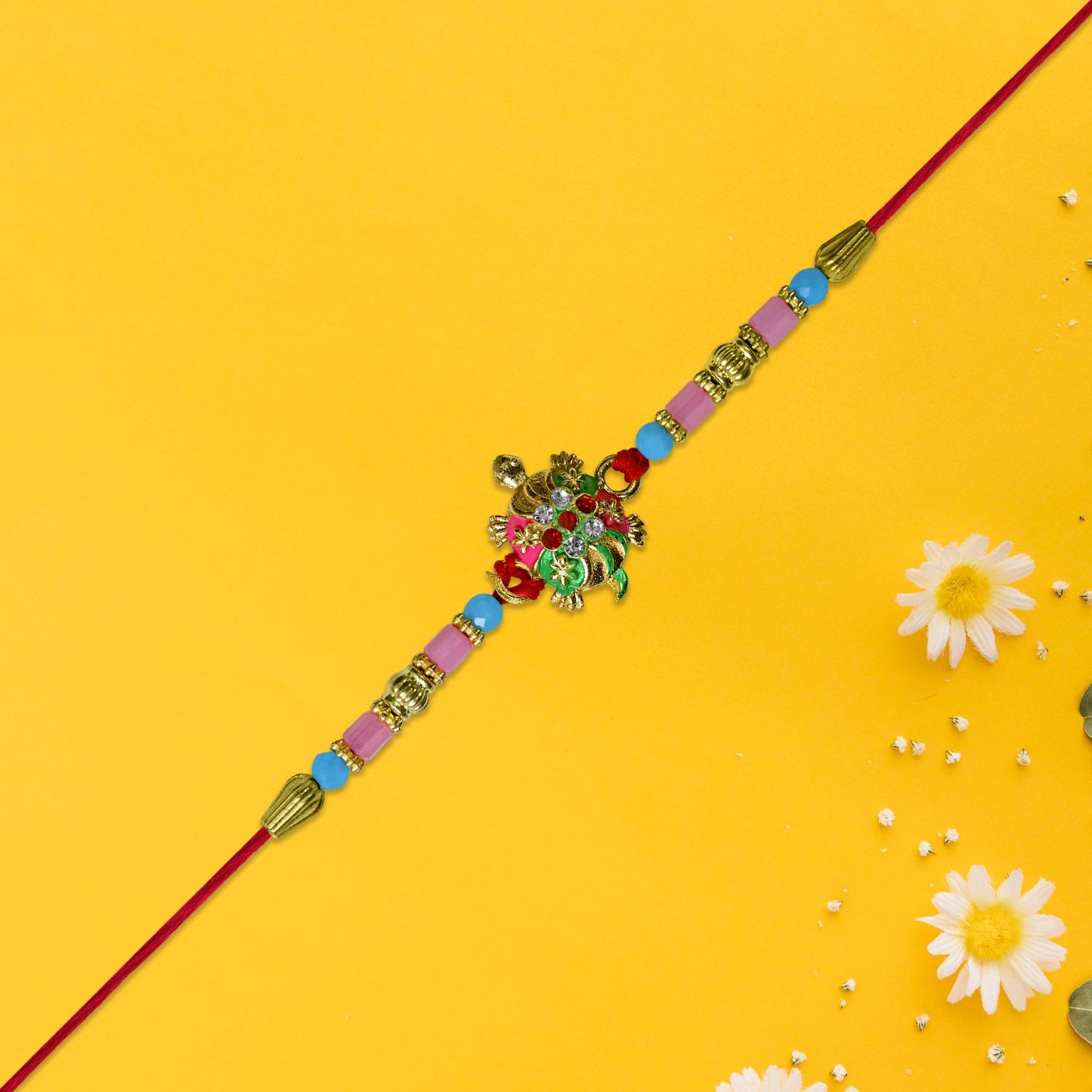 Turtle Design Rakhi with Floral Accents and Beads