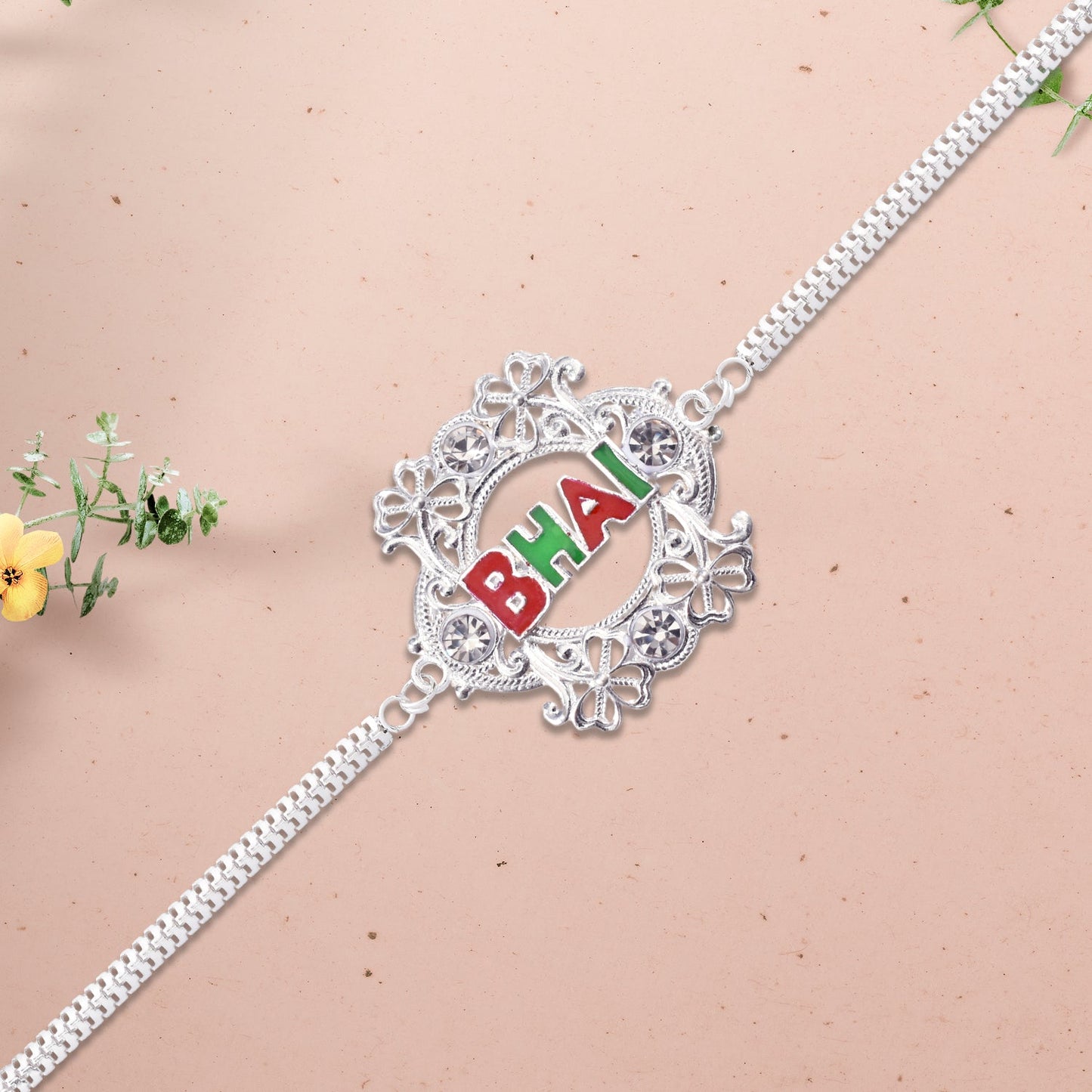 Silver Bhai Rakhi with Floral Frame