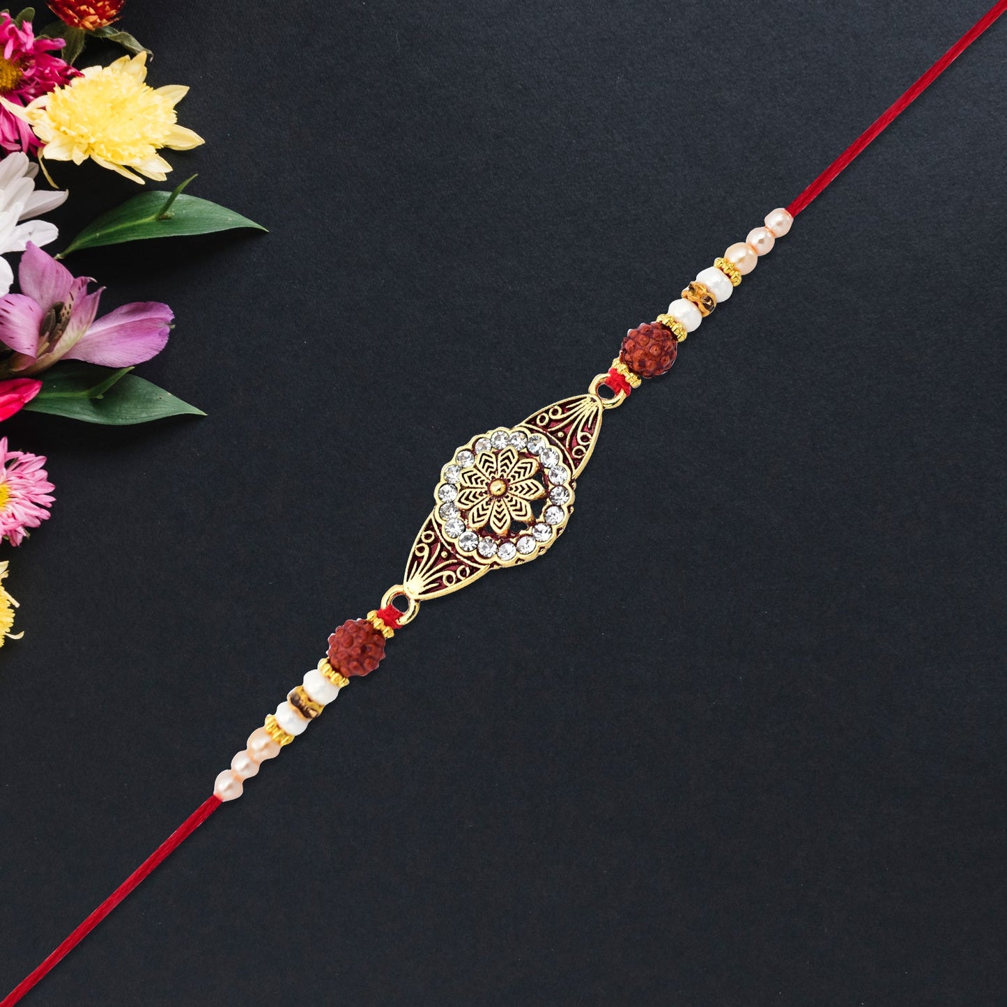 Rudraksha Rakhi with Stone-Studded Mandala Design