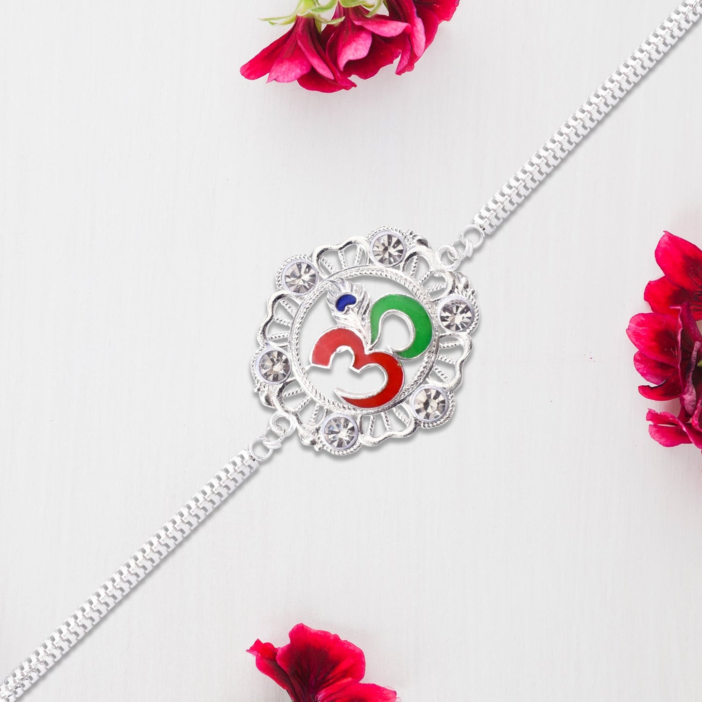 Silver OM Rakhi with Stone Embellishments