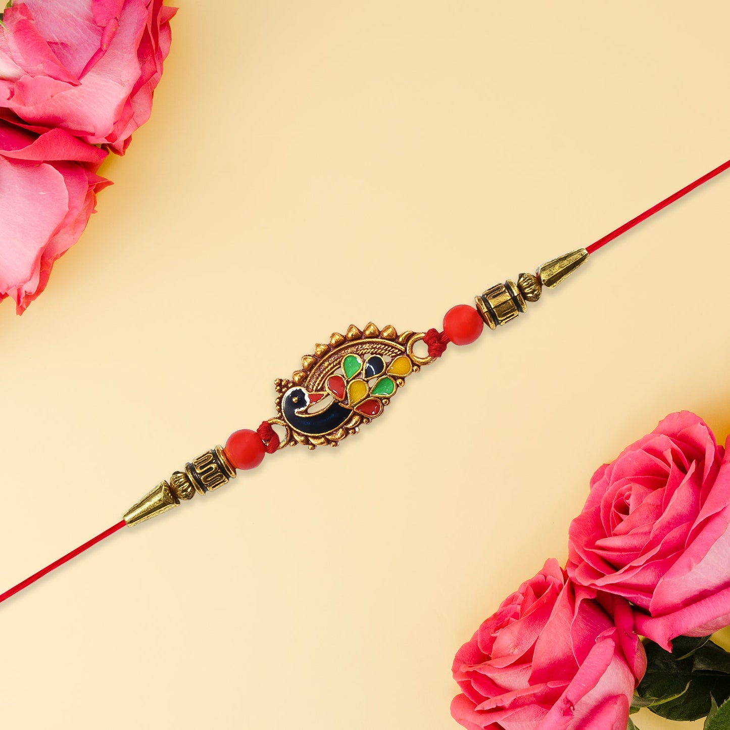Stylish Rakhi with Gold-Toned Leaf Dial