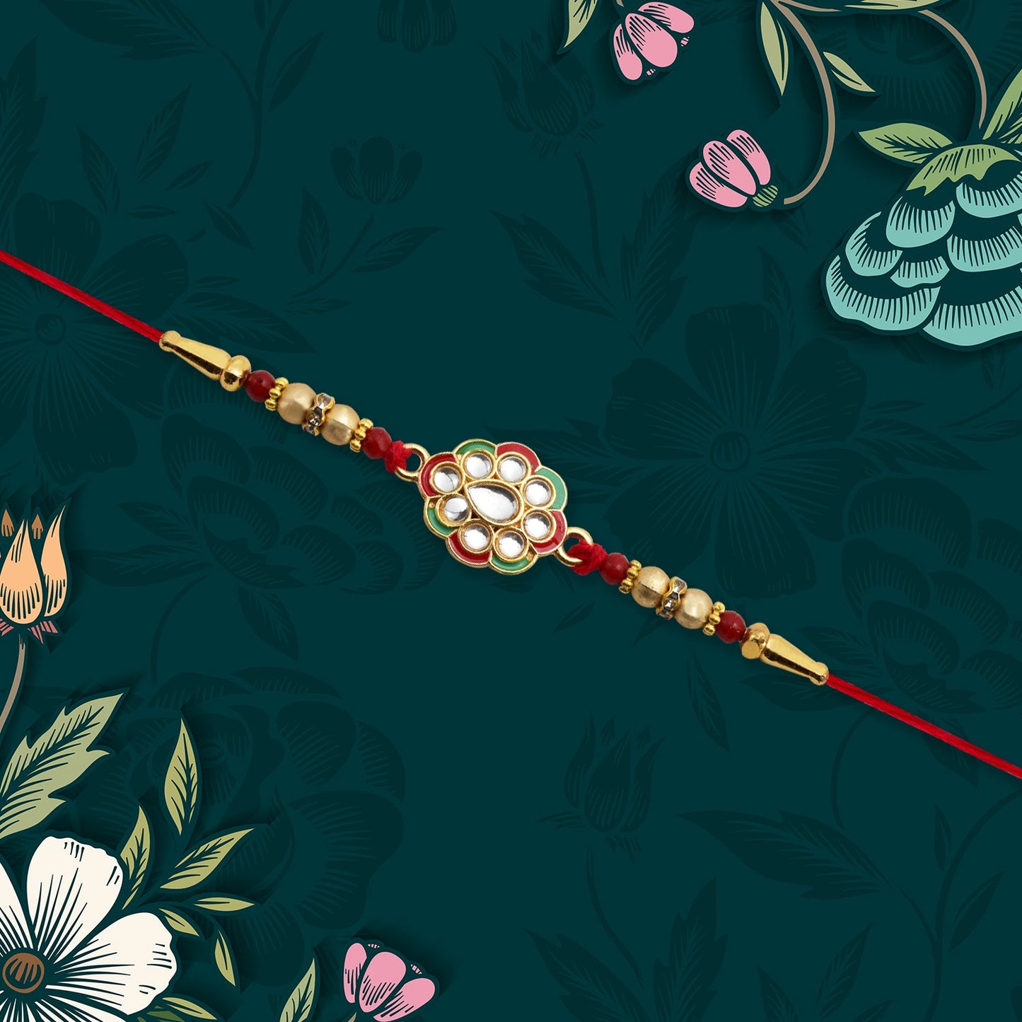 Kundan Work Floral Rakhi with Red Thread