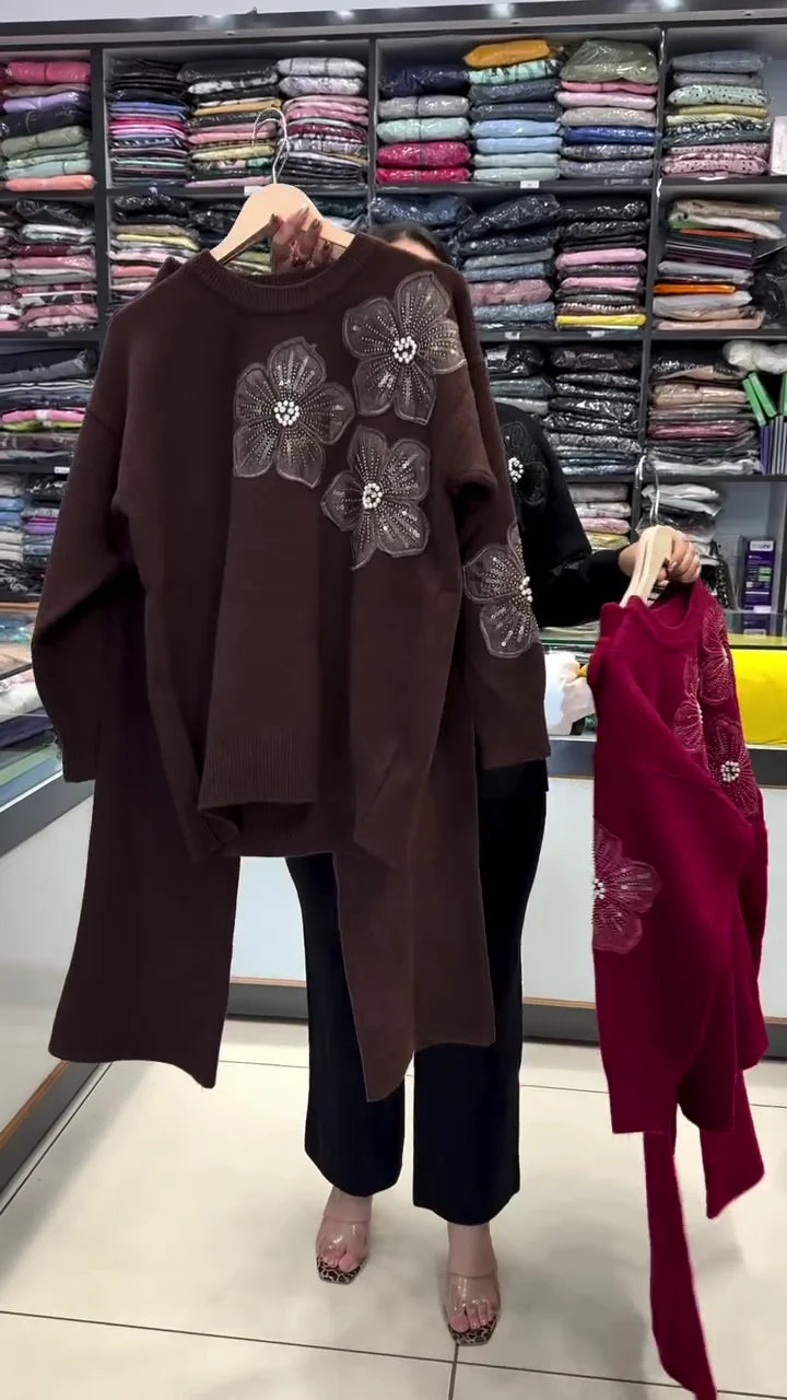 Longline Winter Co-ord Sets for Women: Two-Piece Knitted Tunic Sweater and Trouser Combo with Glittering 3D Floral Appliqués in Rich Brown and Maroon