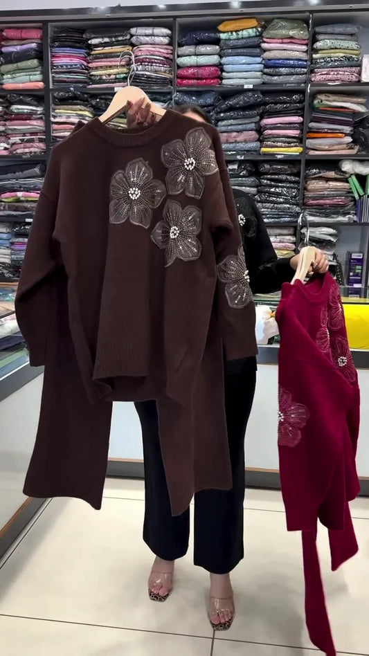 Longline Winter Co-ord Sets for Women: Two-Piece Knitted Tunic Sweater and Trouser Combo with Glittering 3D Floral Appliqués in Rich Brown and Maroon