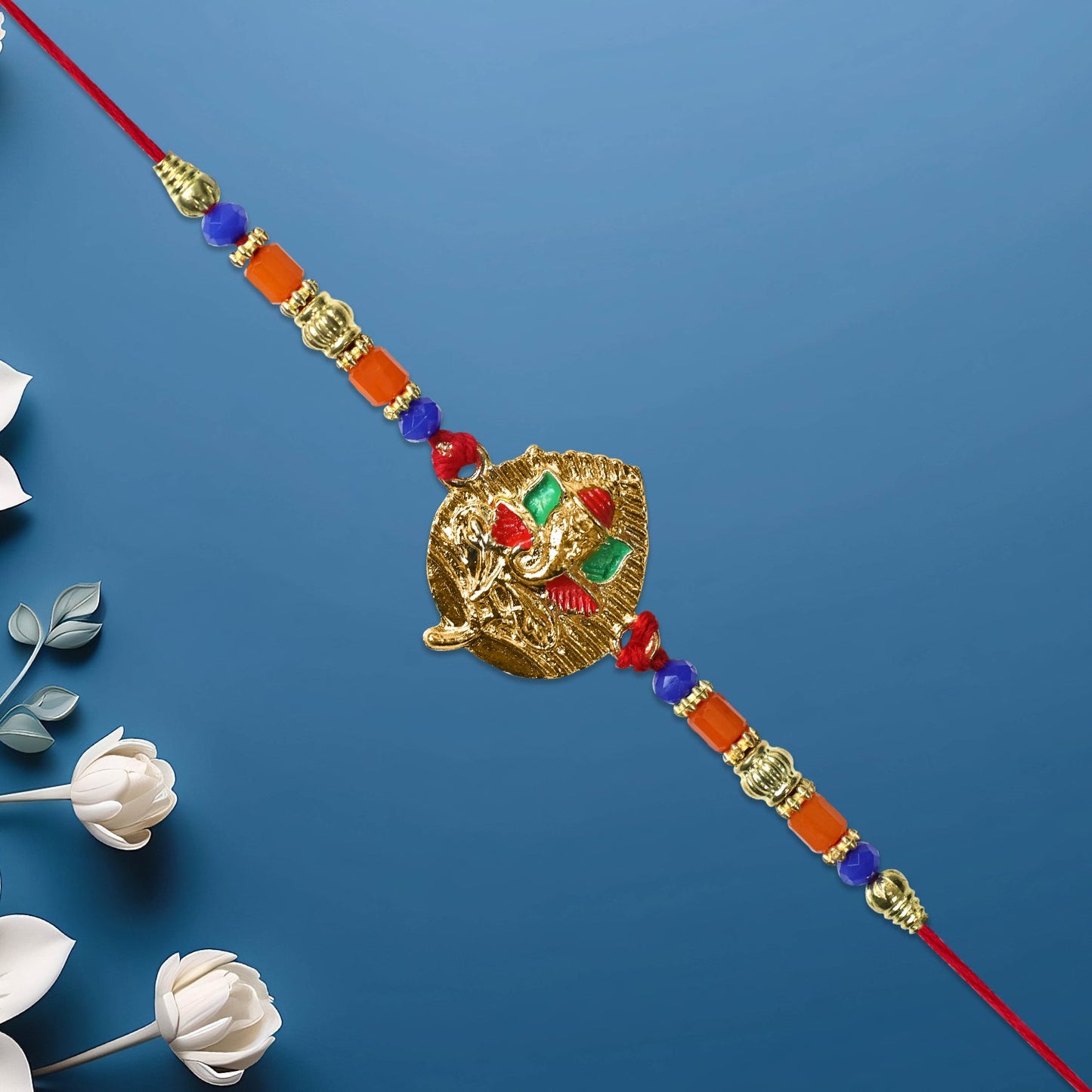 Ganesh Leaf Motif Rakhi with Colorful Beads