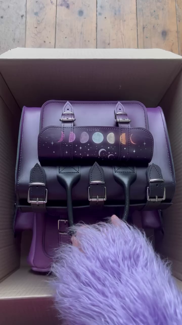 Galaxy-Inspired Purple Leather Satchel with Moon Phases Design and Adjustable Strap Bag