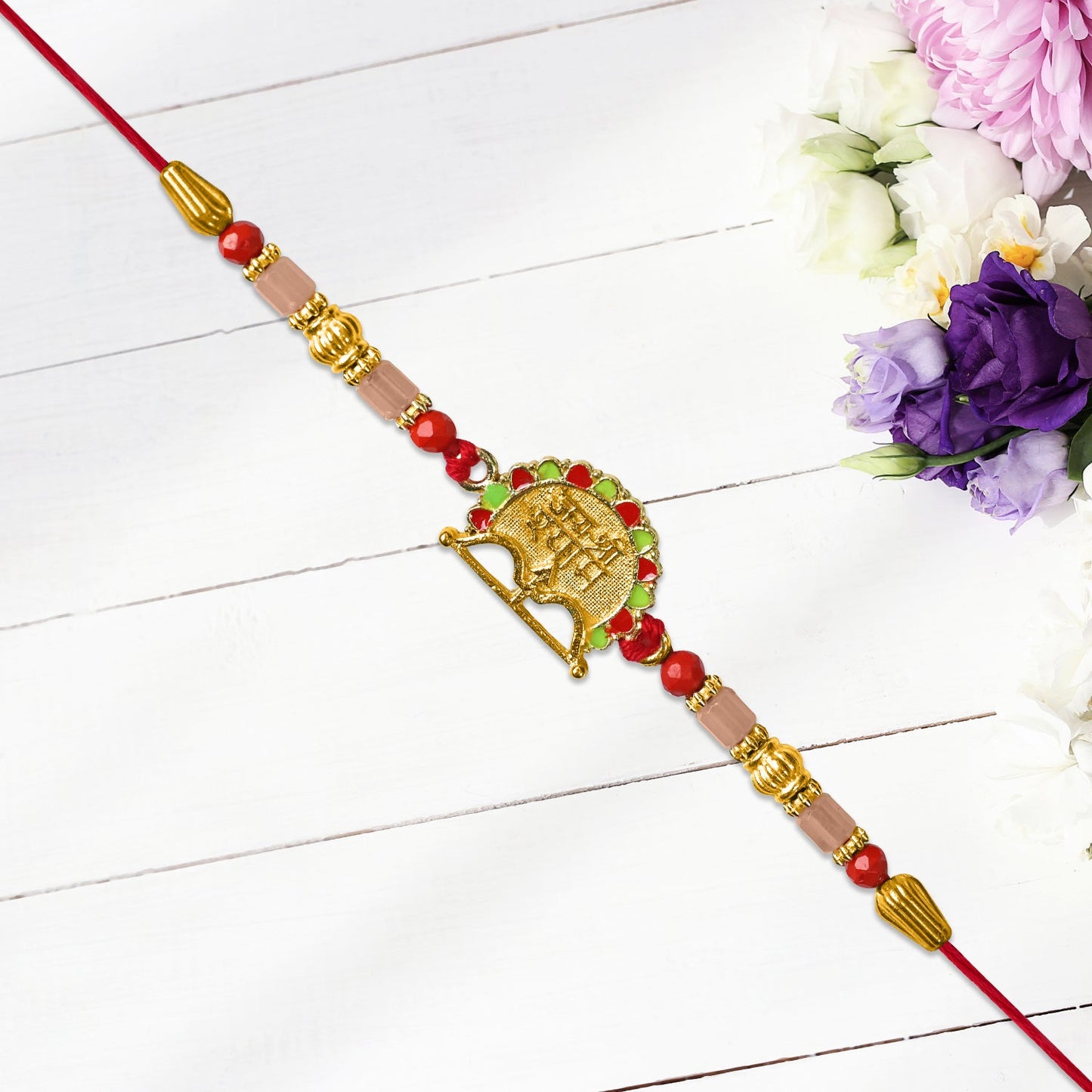 Red & Green Beaded Shree Ram Rakhi