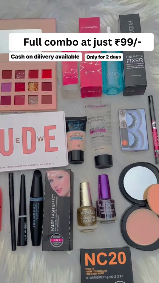 Ultimate 25-Piece Full Makeup Combo Kit for Women – Includes Eyeshadow Palettes, Foundation, Primer, Fixer Spray, Eyeliner, Mascara, Lipsticks, Nail Polish, False Eyelashes, Compact Powder & More