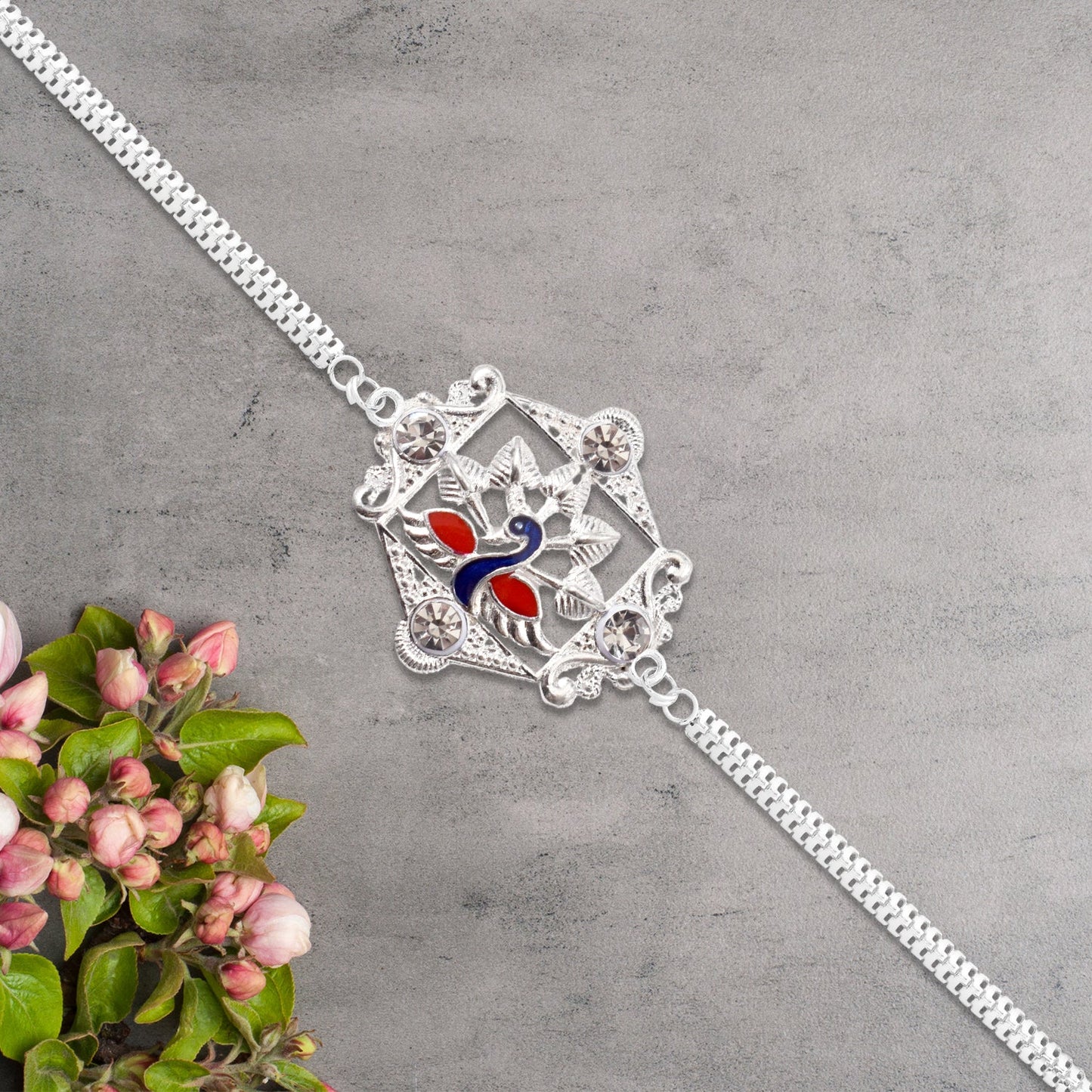 Silver Peacock Rakhi with Diamond Accents