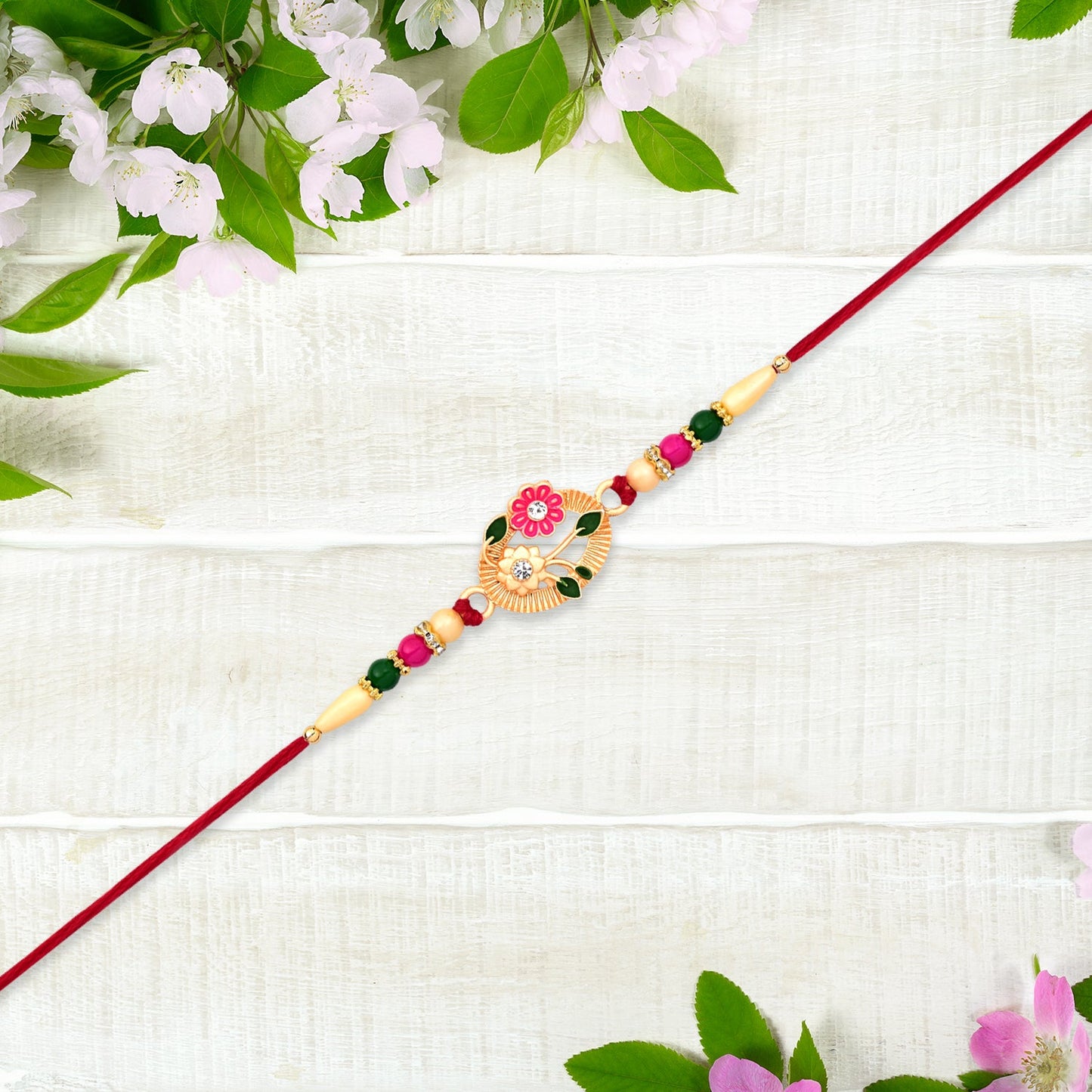 Flower Motif Rakhi with Moon-Shaped Design