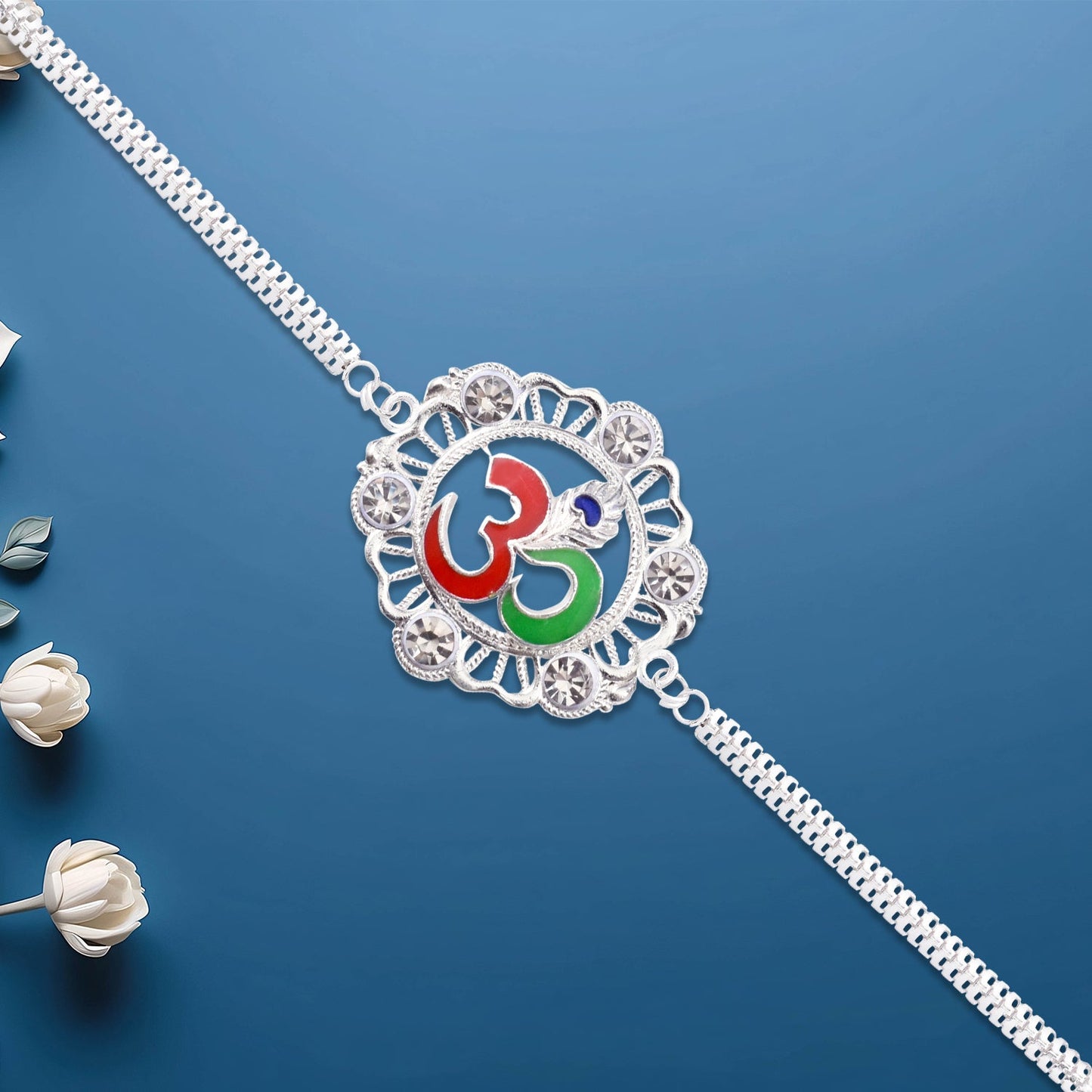 Silver OM Rakhi with Stone Embellishments